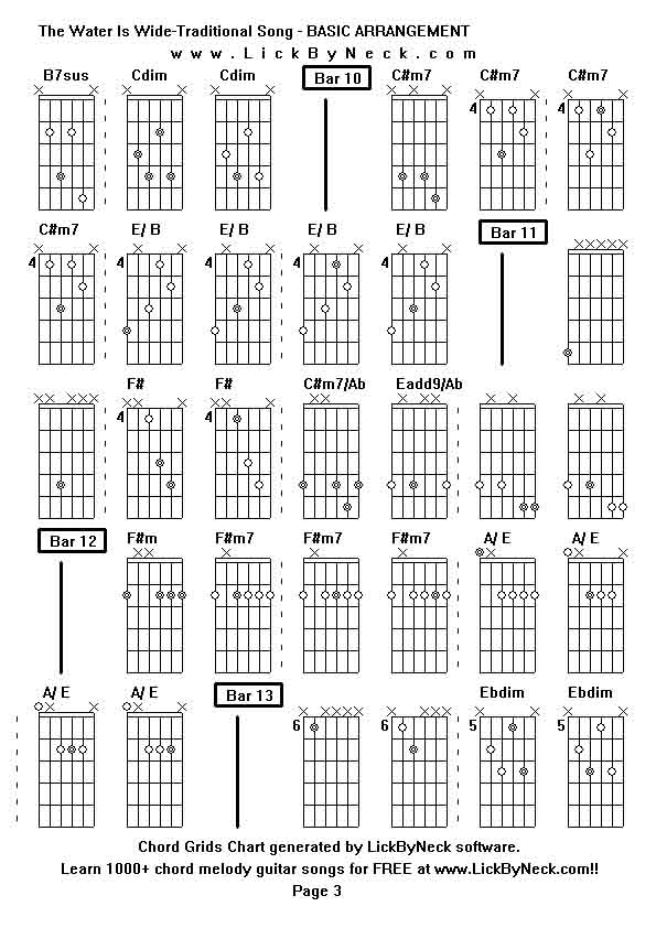 Chord Grids Chart of chord melody fingerstyle guitar song-The Water Is Wide-Traditional Song - BASIC ARRANGEMENT,generated by LickByNeck software.